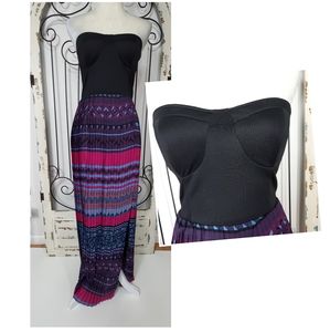 Sans Souci Black Strapless Maxi Dress with Purple and Pink Patterned Skirt